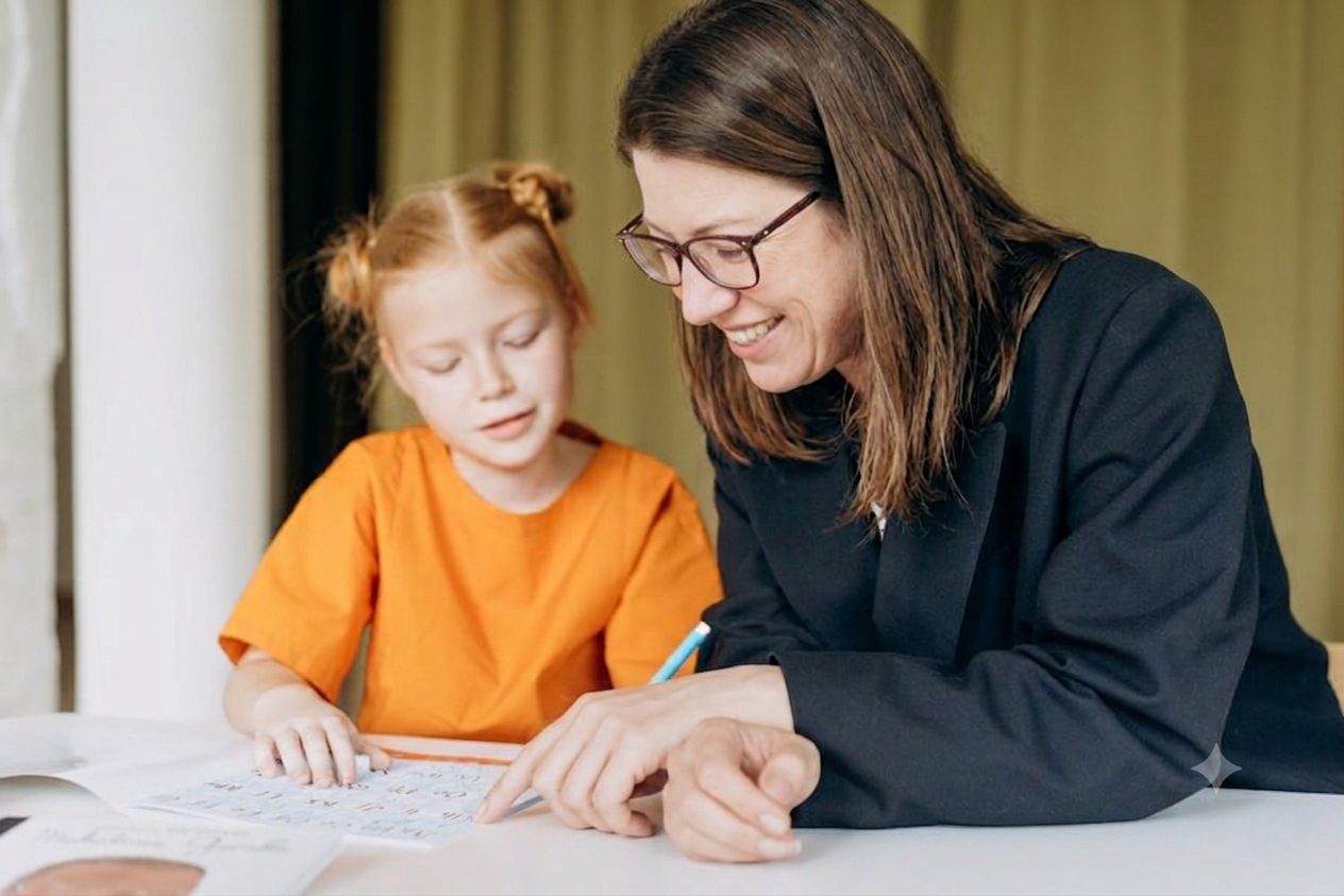 A teacher and a young girl working through a workbook together, smiling